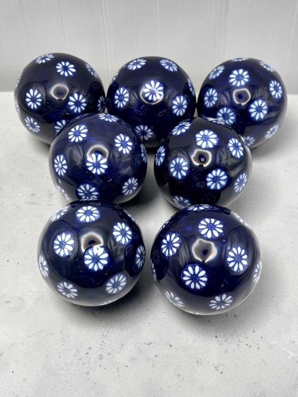Ceramic Decorative Orbs Set of 7 Blue White Black Floral Bowl Filler Balls 3"